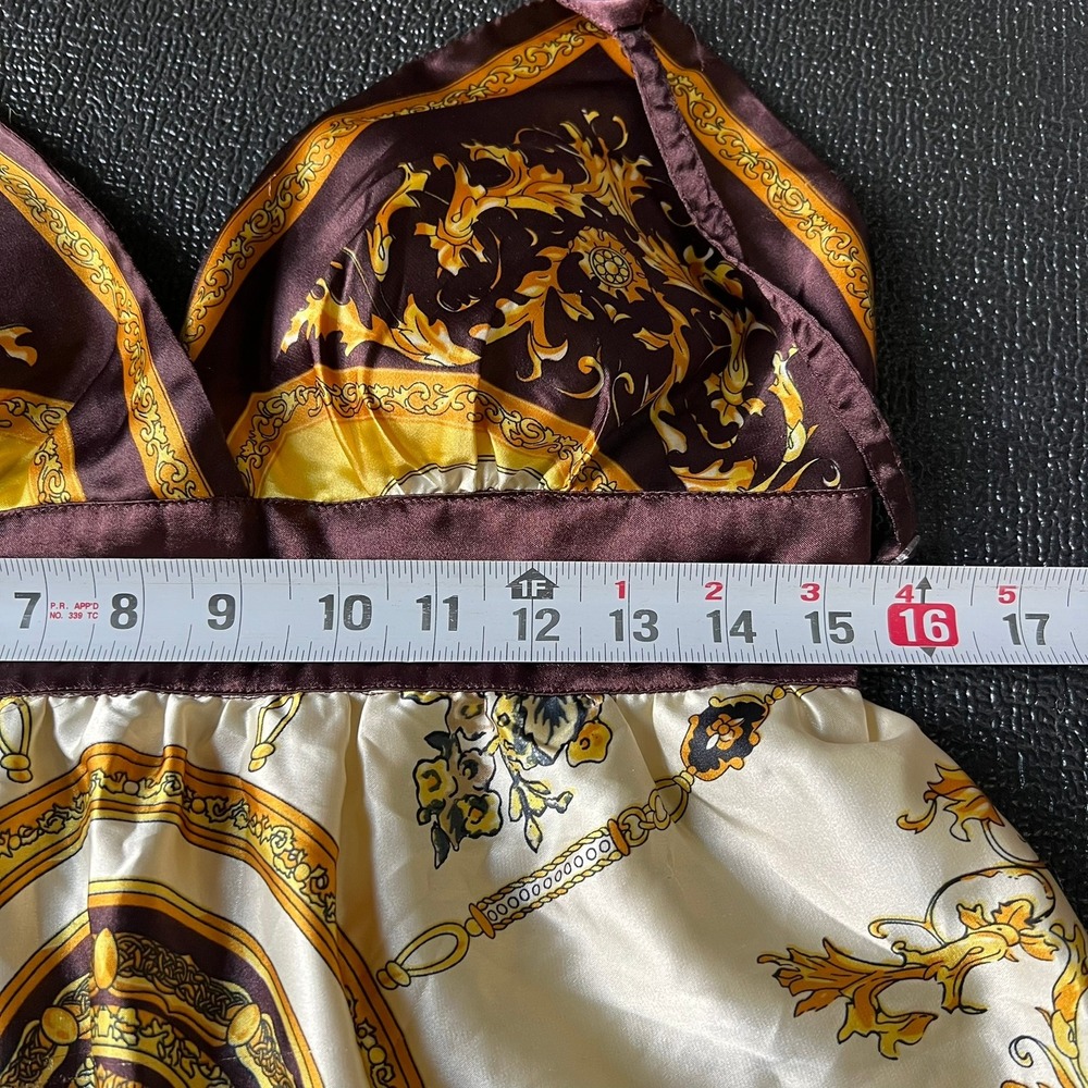 MKM Designs Brown Gold Baroque Scarf Print Top M Empire Waist Babydoll Glam Y2k - Picture 7 of 9